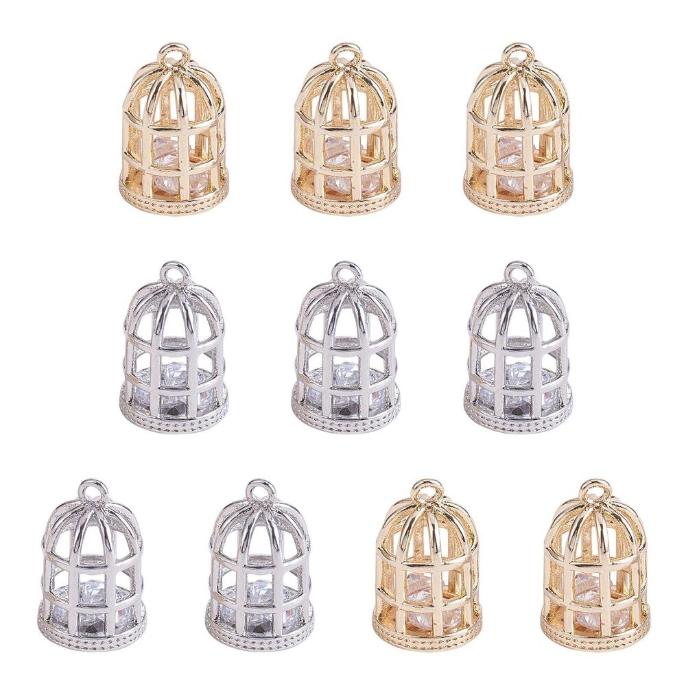 6778 10 Pieces Birdcage Charm Pendant Brass Cubic Zirconia Charms Rack